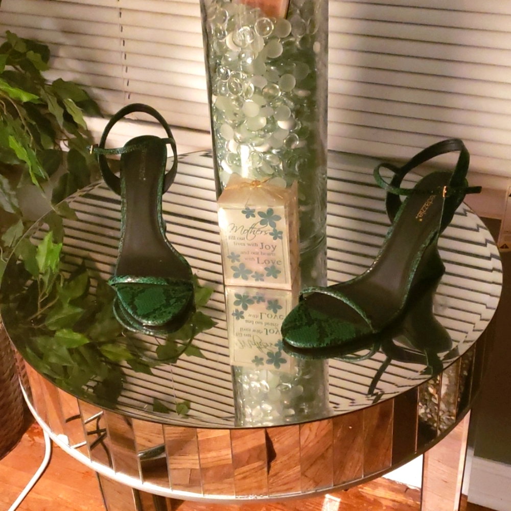 Hunter green snake skin sling backs